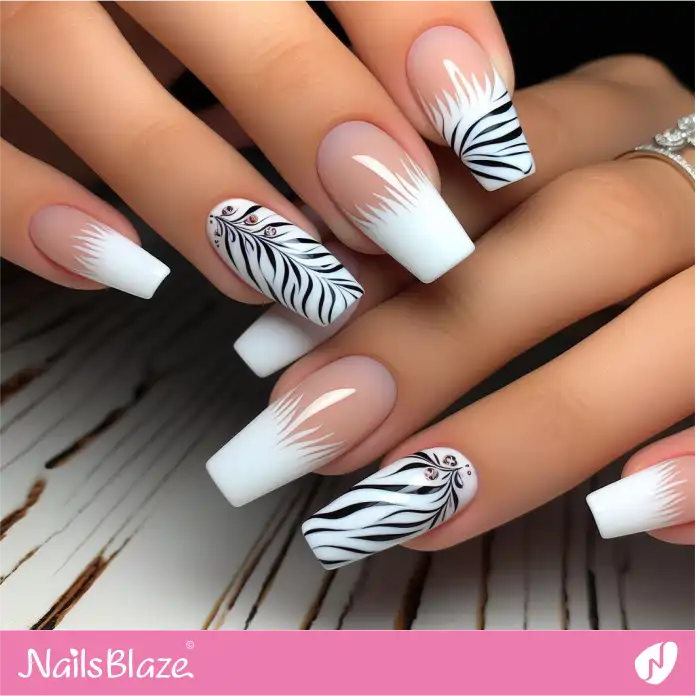 White French Tips with Zebra Pattern Design | Animal Print Nails - NB2506